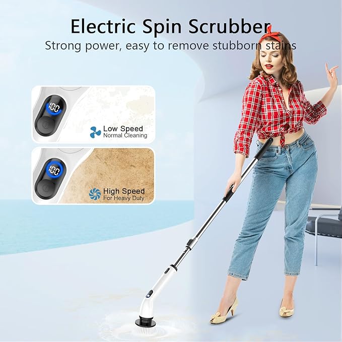 TUYU Electric Spin Scrubber – Cordless Power Cleaning Brush with 4 Replaceable Heads, Adjustable Handle, 2 Speeds & LED Display