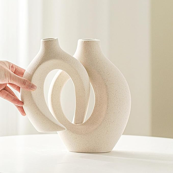Snuggle Hollow Ceramic Vase Set of 2 - Nordic Modern Boho Style Decorative Vases | Handmade Milky White with Unique Couple Design