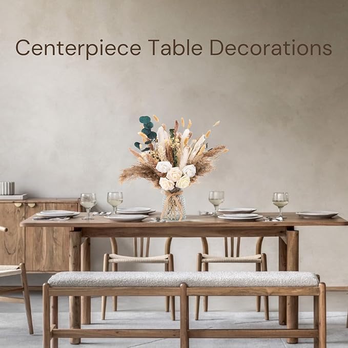 100pcs Artificial Flower Arrangements with Vase Included - Dining Table Centerpiece, Pampas Grass, Eucalyptus, Baby’s Breath, and More | Perfect for Home Decor