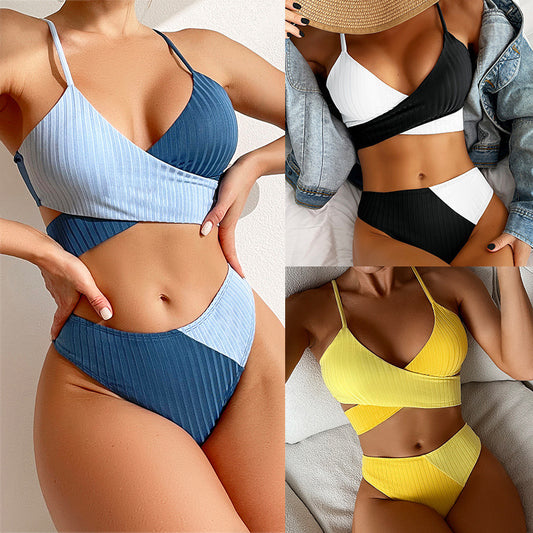 Bikini Patchwork Swimwear – Ribbed Women's Swimsuit with Knot Back and Ruched Butt for Beachwear
