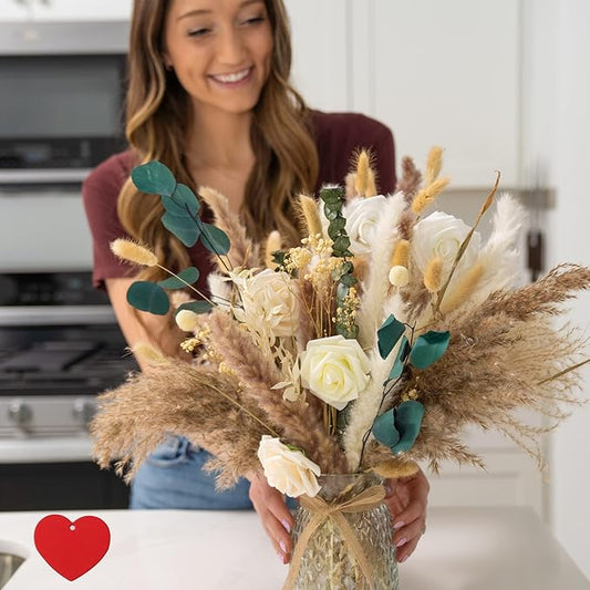 100pcs Artificial Flower Arrangements with Vase Included - Dining Table Centerpiece, Pampas Grass, Eucalyptus, Baby’s Breath, and More | Perfect for Home Decor