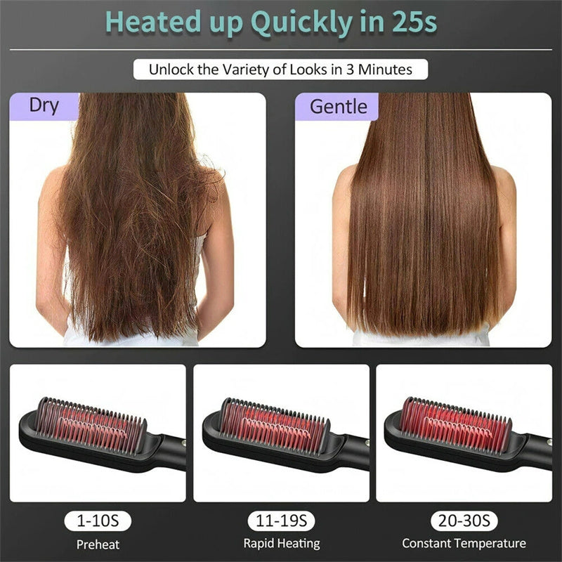 2-in-1 Hair Straightener & Curling Tong - Hot Comb, Negative Ion Dual-Purpose Electric Hair Brush with Intelligent Temperature Control