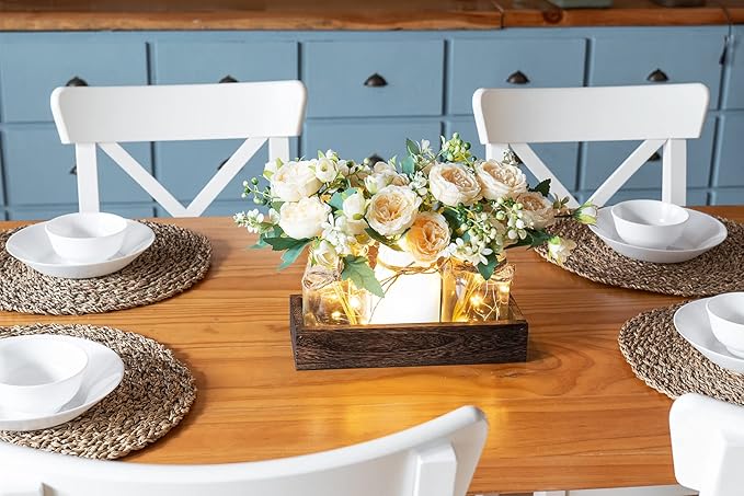 Mkono Mason Jar Lights Centerpiece - Table Decorations for Dining Room & Farmhouse Table | Rustic Home Decor with Artificial Flowers