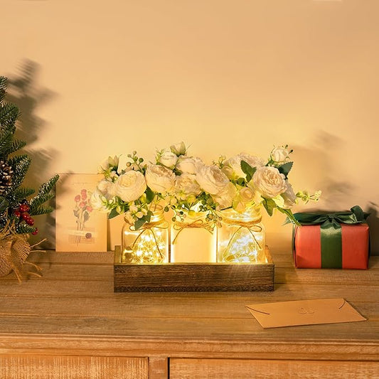 Mkono Mason Jar Lights Centerpiece - Table Decorations for Dining Room & Farmhouse Table | Rustic Home Decor with Artificial Flowers