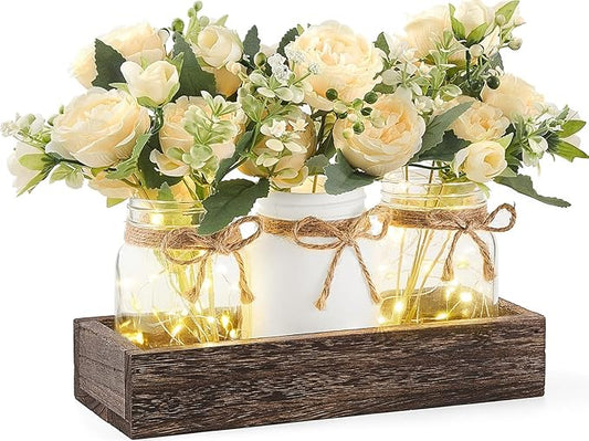 Mkono Mason Jar Lights Centerpiece - Table Decorations for Dining Room & Farmhouse Table | Rustic Home Decor with Artificial Flowers