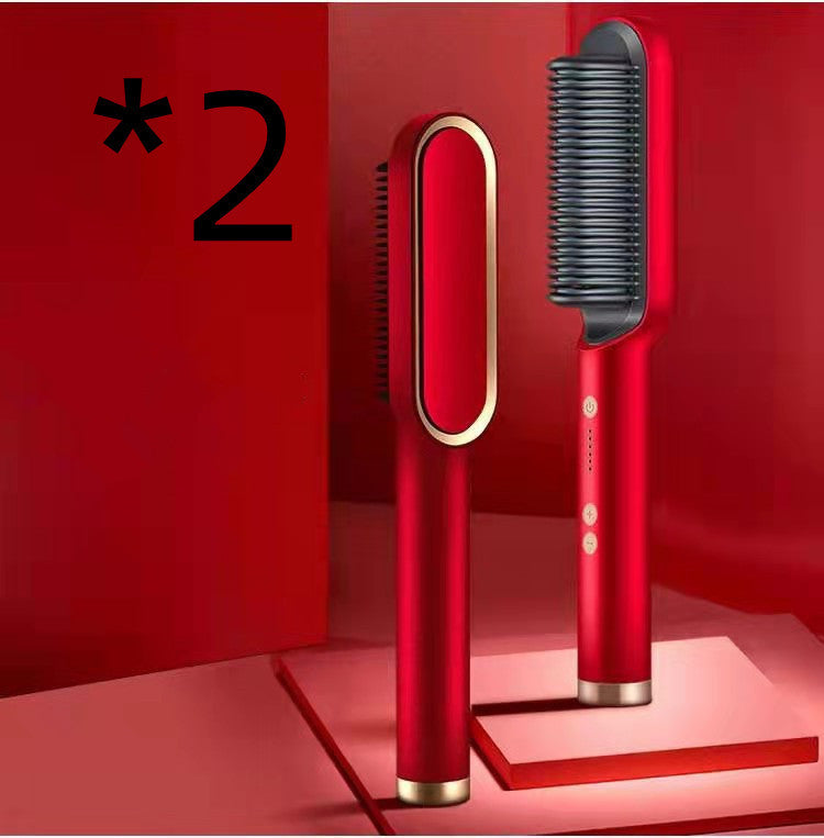 2-in-1 Hair Straightener & Curling Tong - Hot Comb, Negative Ion Dual-Purpose Electric Hair Brush with Intelligent Temperature Control