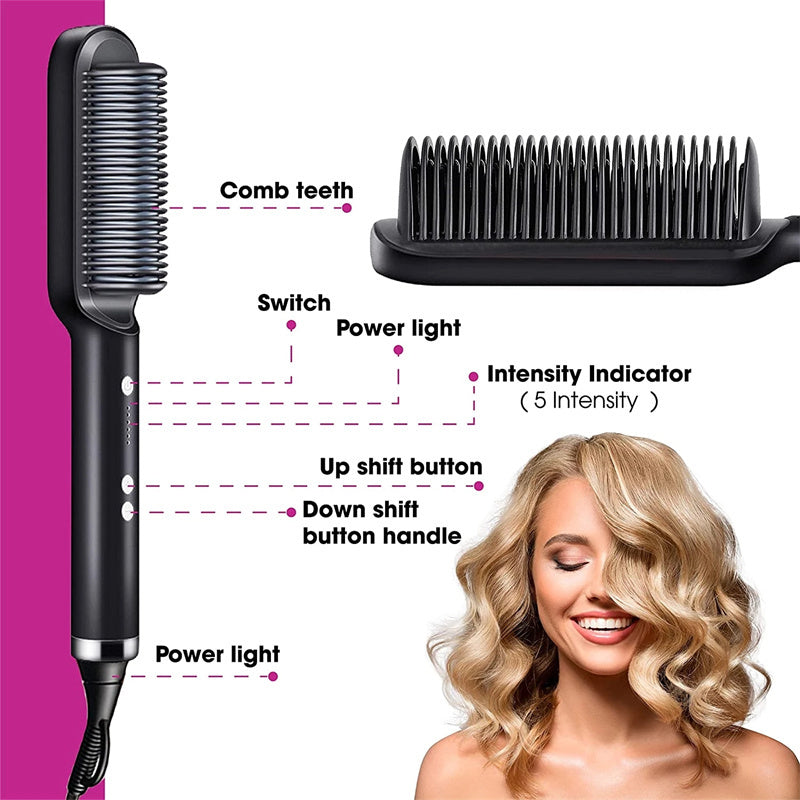 2-in-1 Hair Straightener & Curling Tong - Hot Comb, Negative Ion Dual-Purpose Electric Hair Brush with Intelligent Temperature Control